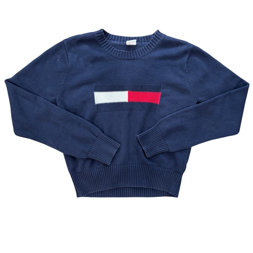 Vintage Tommy Hilfiger Sweater Navy Blue Red White Oldschool Pullover LG
